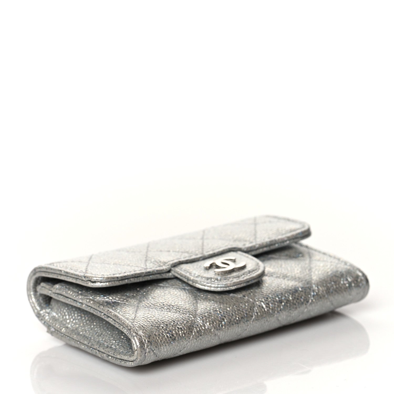 Chanel Glittered Metallic Caviar Quilted Flap Card Holder Wallet Silver 4 of 9