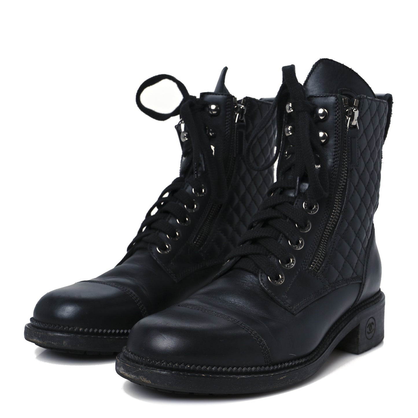 Calfskin Quilted Lace Up Combat Boots 39 Black