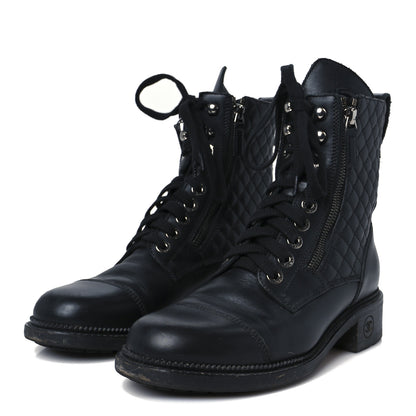 Chanel Calfskin Quilted Lace Up Combat Boots 39 Black 4 of 12