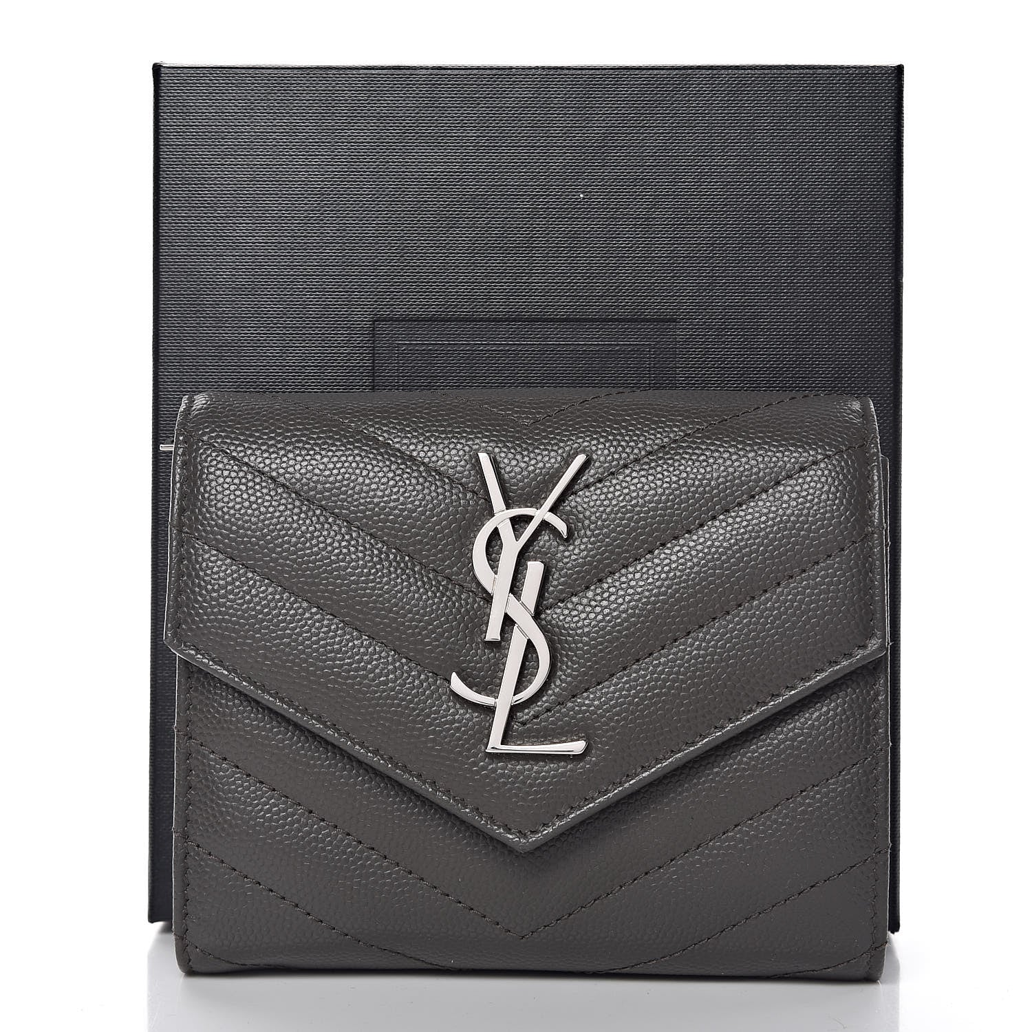 Saint Laurent Grain De Poudre Matelasse Chevron Monogram Compact Tri Fold Wallet Earth 8 of 8