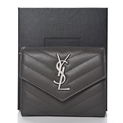 Saint Laurent Grain De Poudre Matelasse Chevron Monogram Compact Tri Fold Wallet Earth 8 of 8