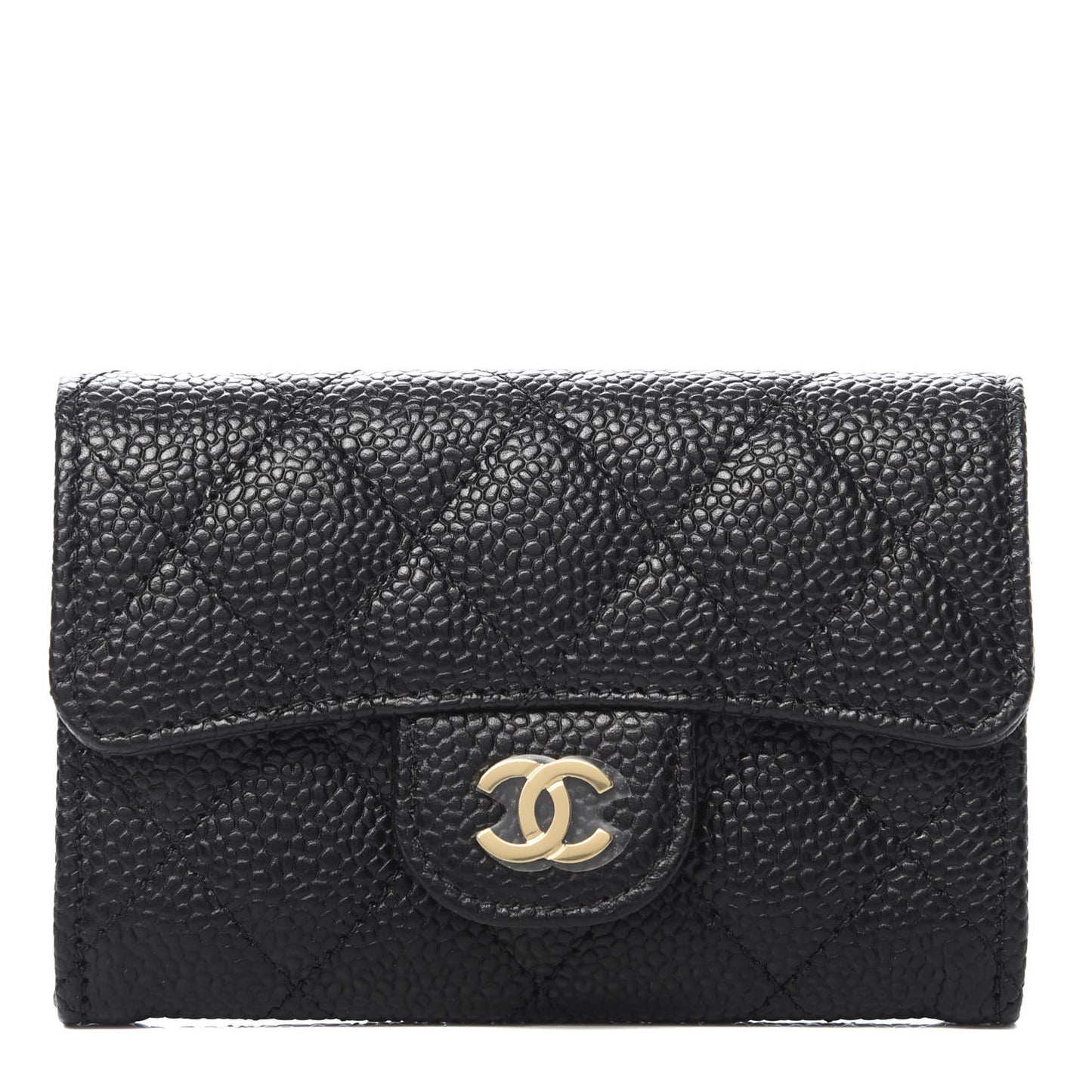 Caviar Quilted Flap Card Holder Wallet Black