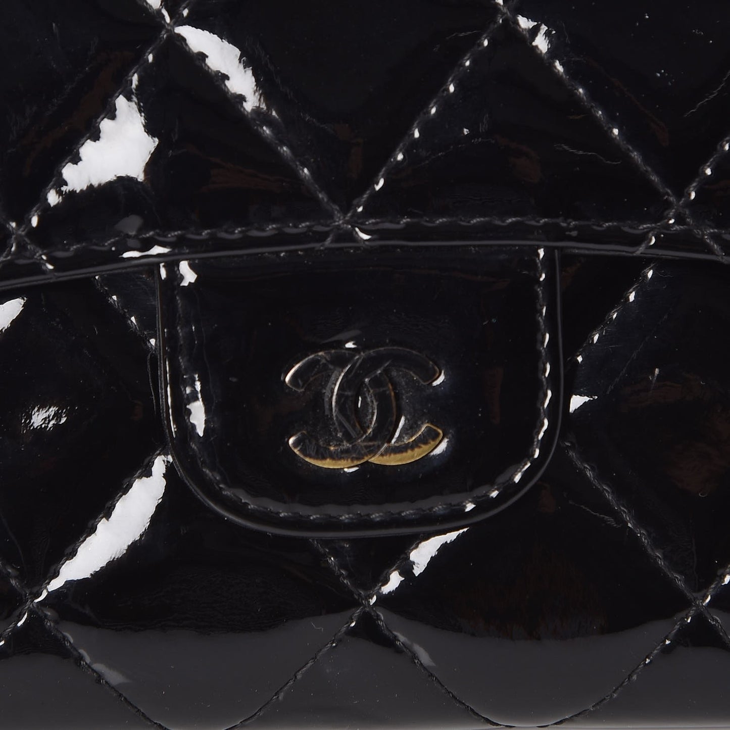 Patent Calfskin Quilted Large Flap Wallet Black