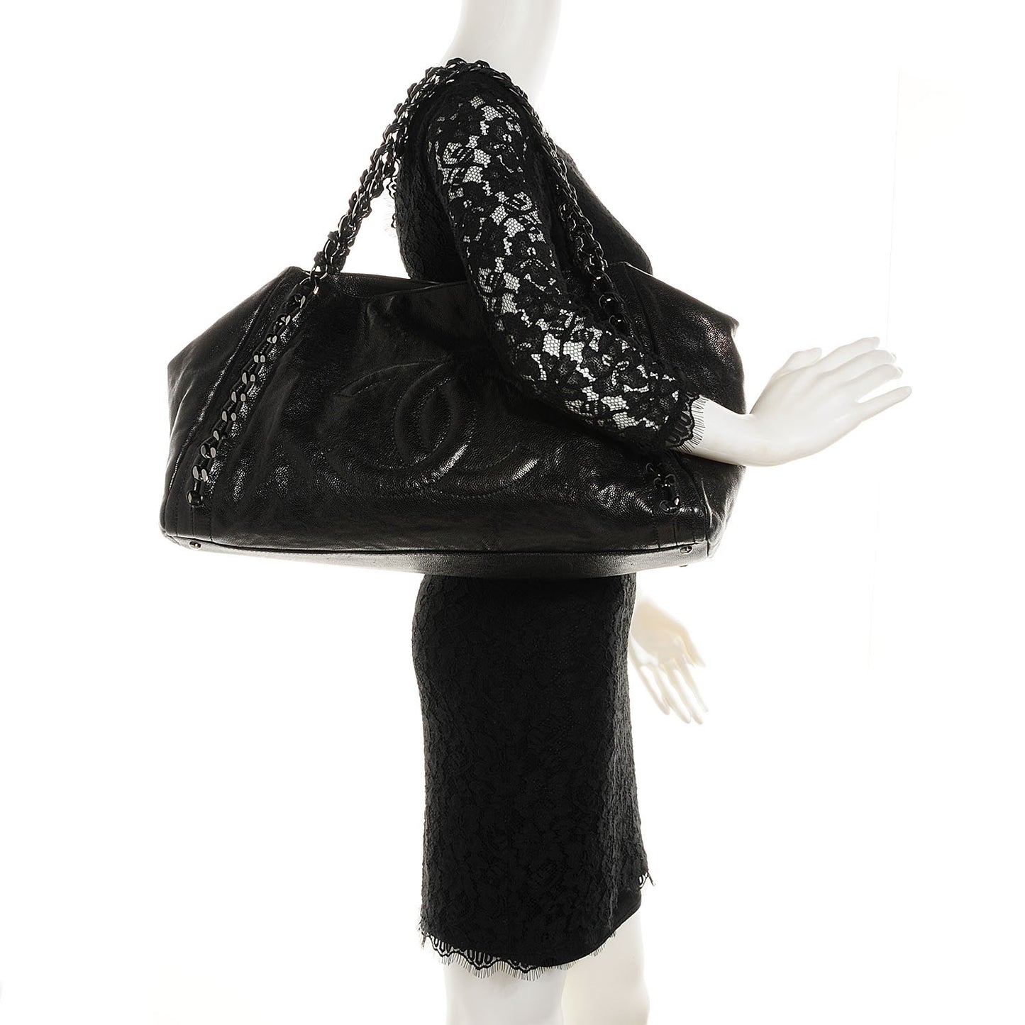 Glazed Caviar East West Modern Chain Tote Black
