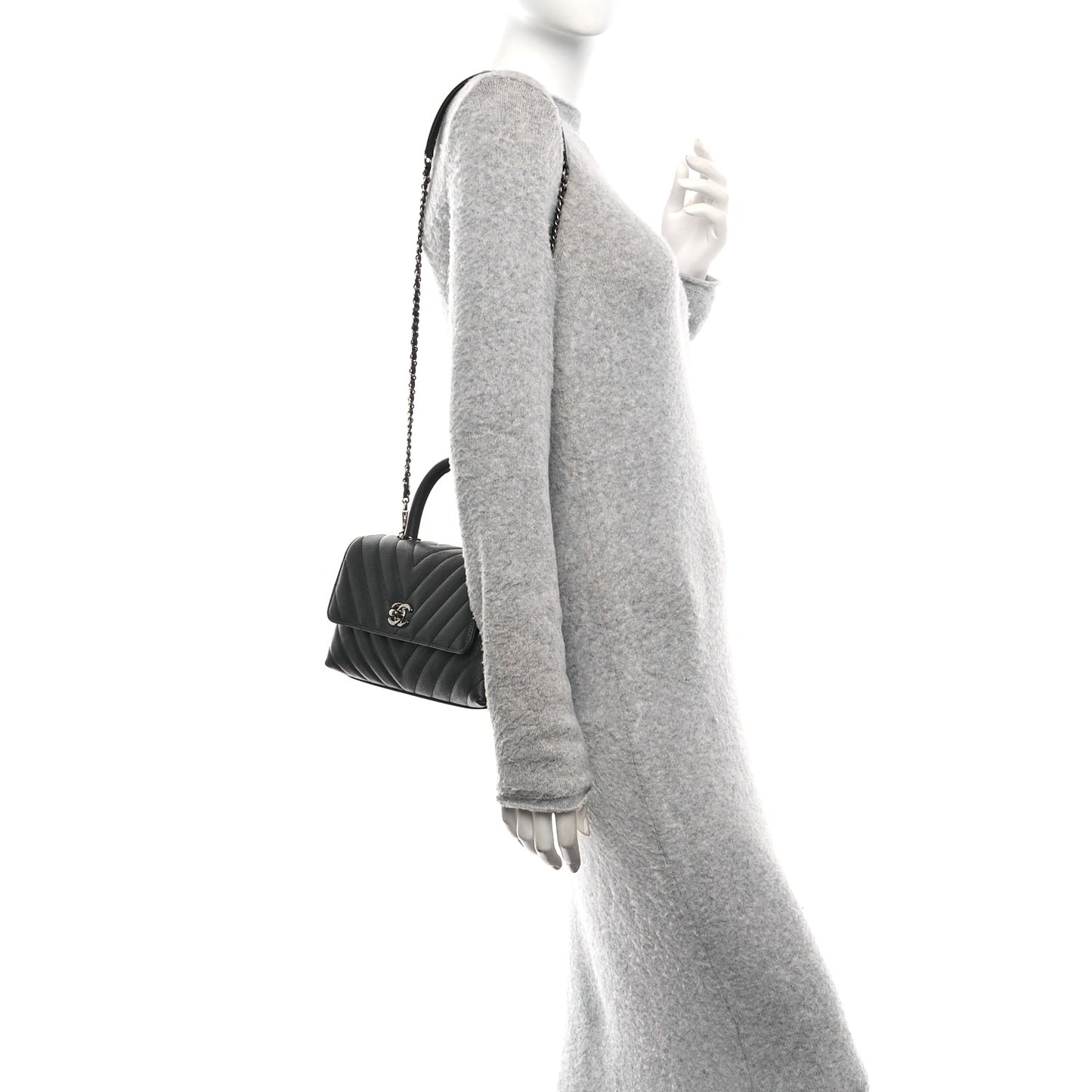 Caviar Chevron Quilted Mini Coco Handle Flap Dark Grey