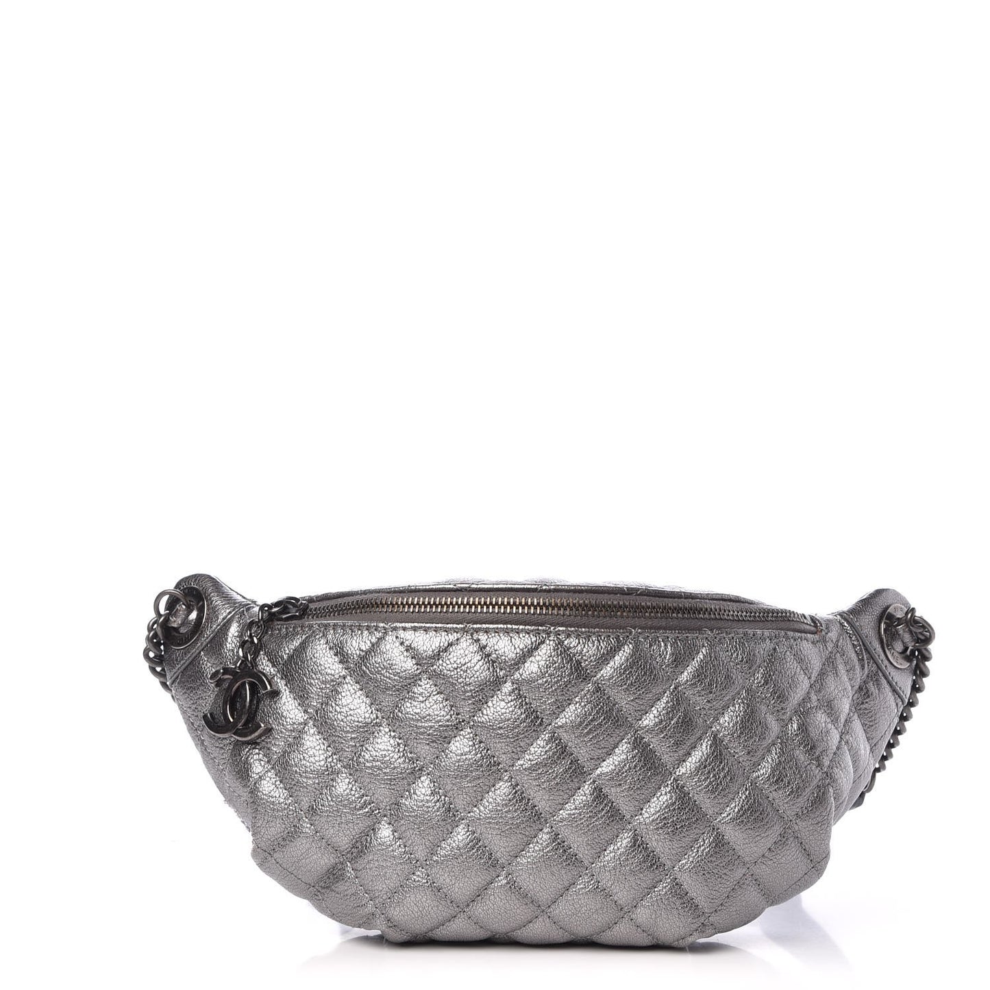 Metallic Goatskin Quilted Banane Waist Bag Fanny Pack Silver