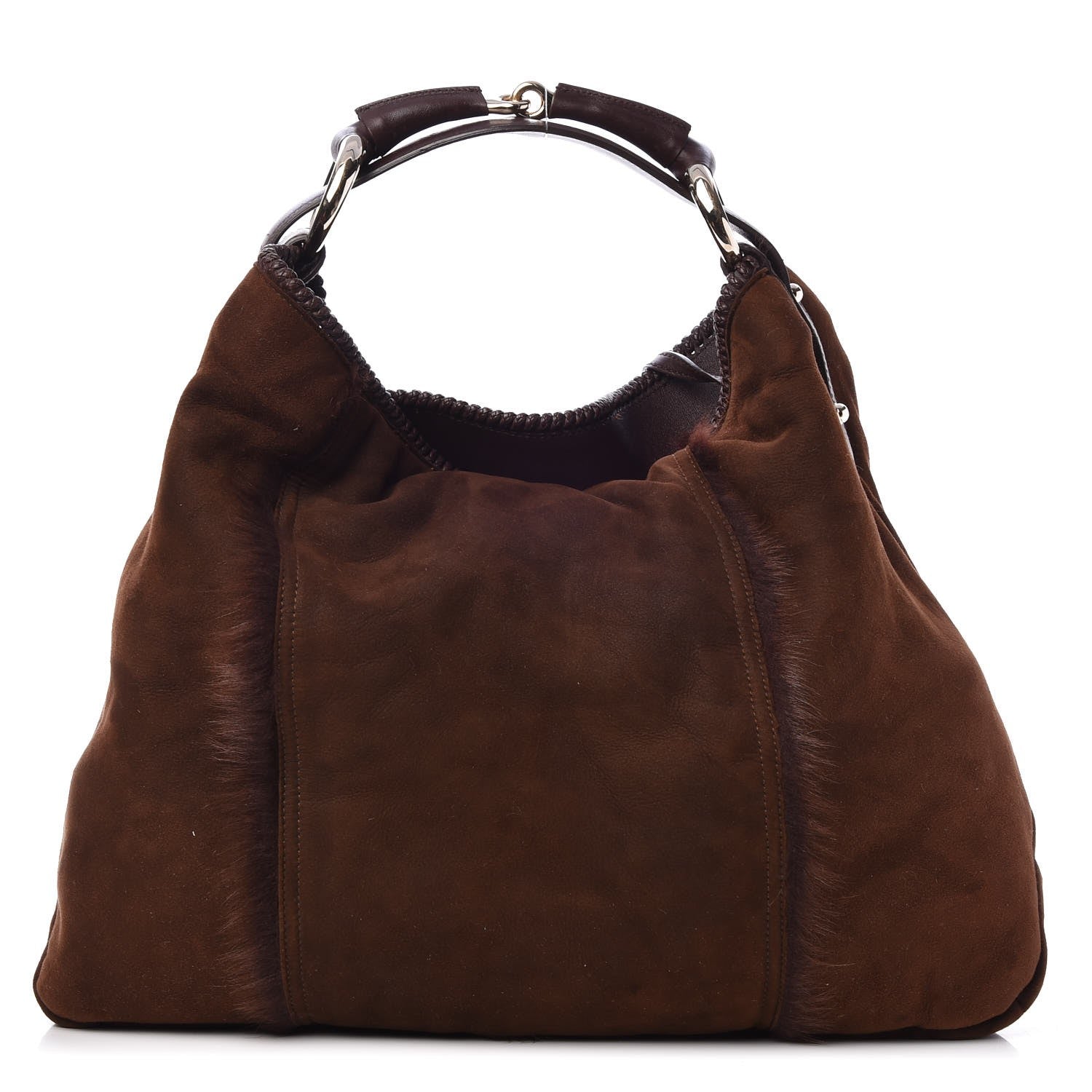 Gucci Suede Fur Large Horsebit Chain Hobo Dark Brown 1 of 8