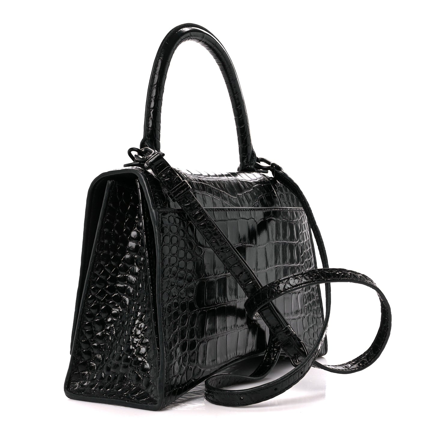 Shiny Calfskin Monochrome Crocodile Embossed Medium Hourglass Top Handle Bag Black