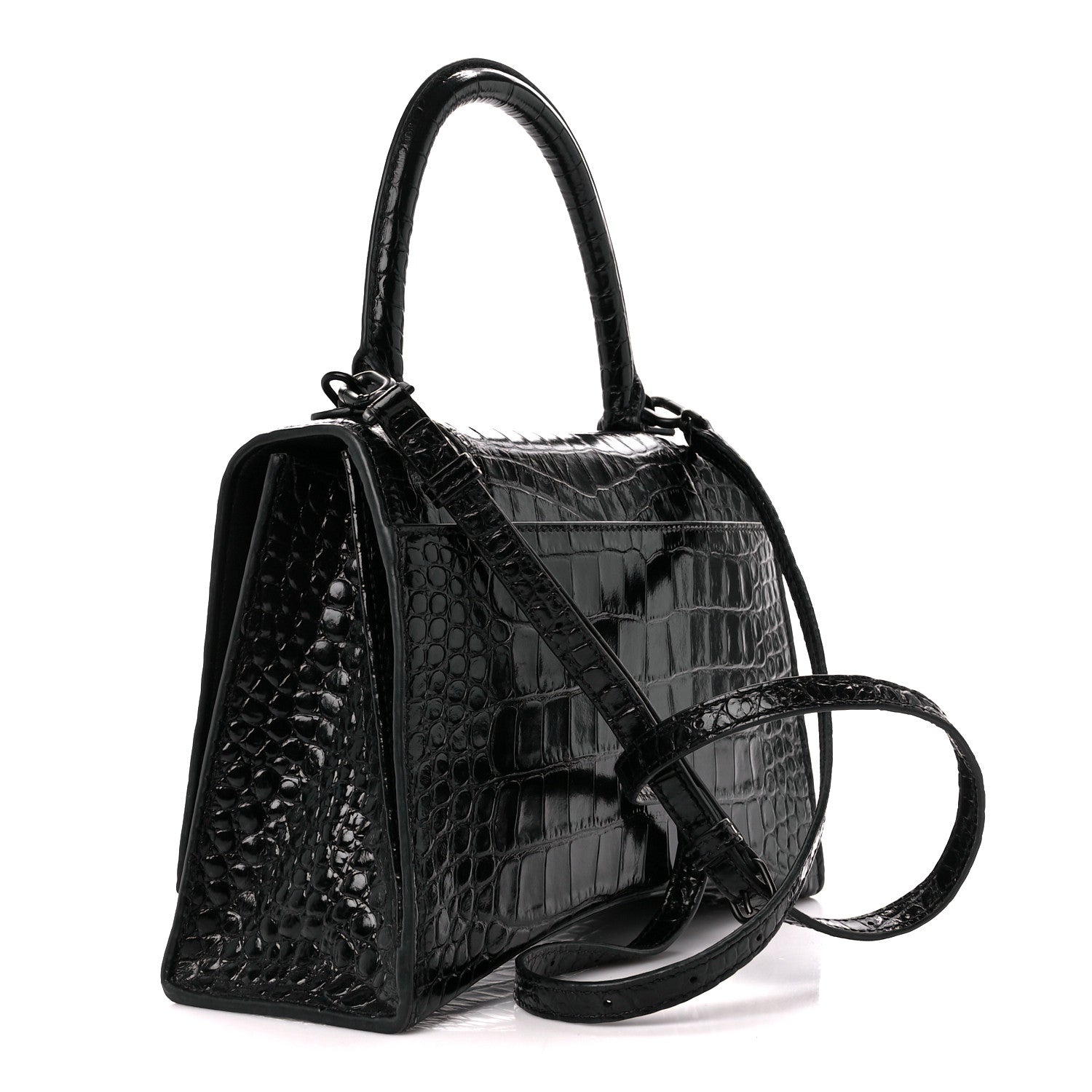 Balenciaga Shiny Calfskin Monochrome Crocodile Embossed Medium Hourglass Top Handle Bag Black 3 of 11