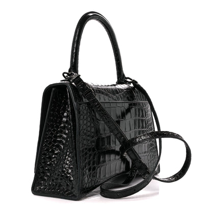 Balenciaga Shiny Calfskin Monochrome Crocodile Embossed Medium Hourglass Top Handle Bag Black 3 of 11