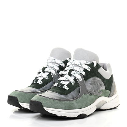 Chanel Nylon Lambskin Suede Calfskin CC Sneakers 38.5 Green Grey White 3 of 9