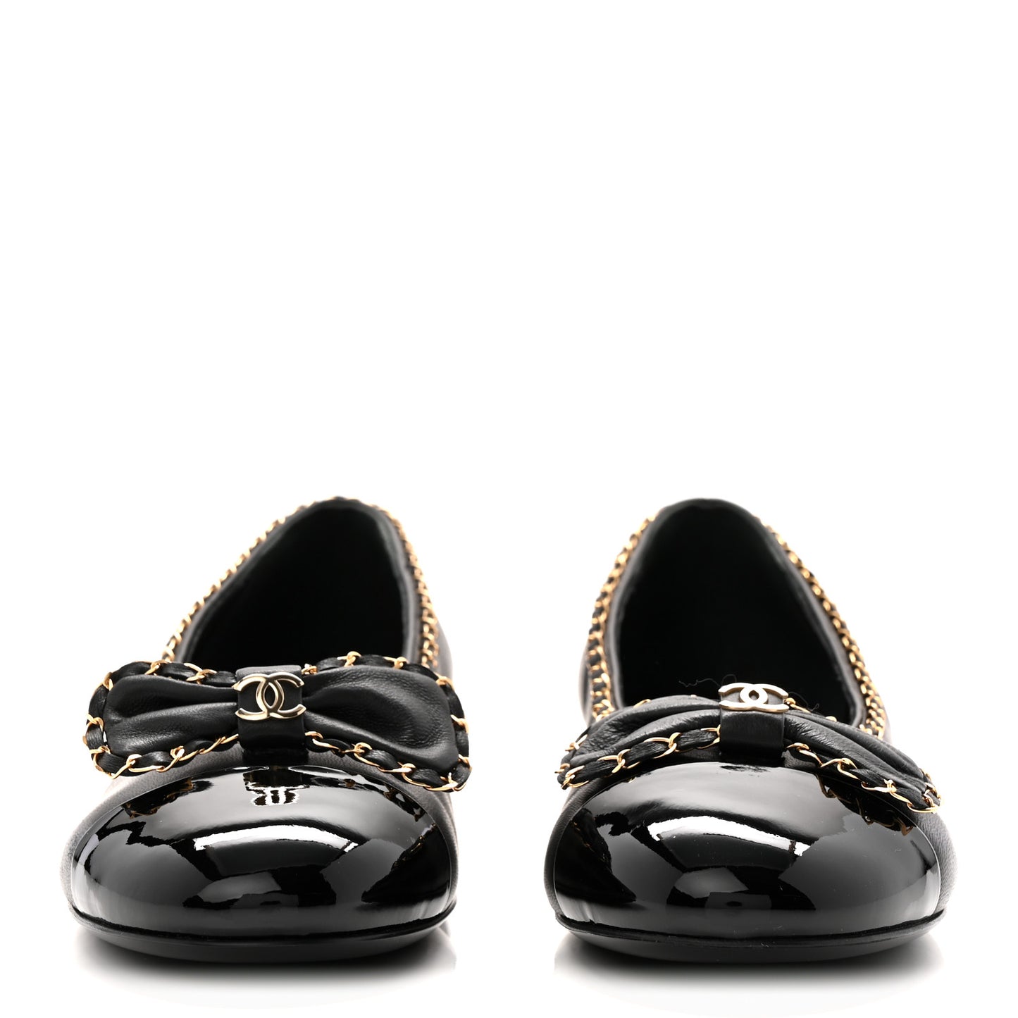 Lambskin Patent Cap Toe Chain Around Ballerina Flats 36 Black