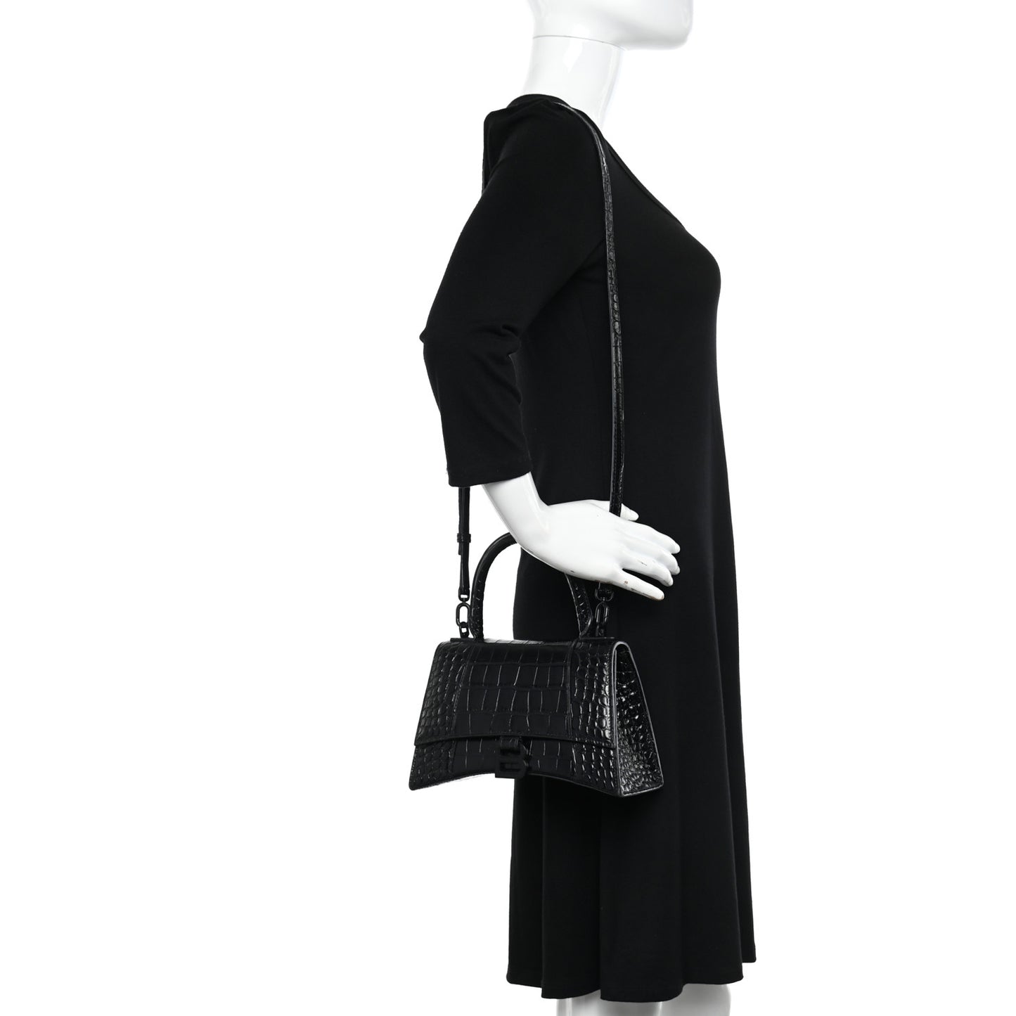 Shiny Calfskin Monochrome Crocodile Embossed Small Hourglass Top Handle Bag Black