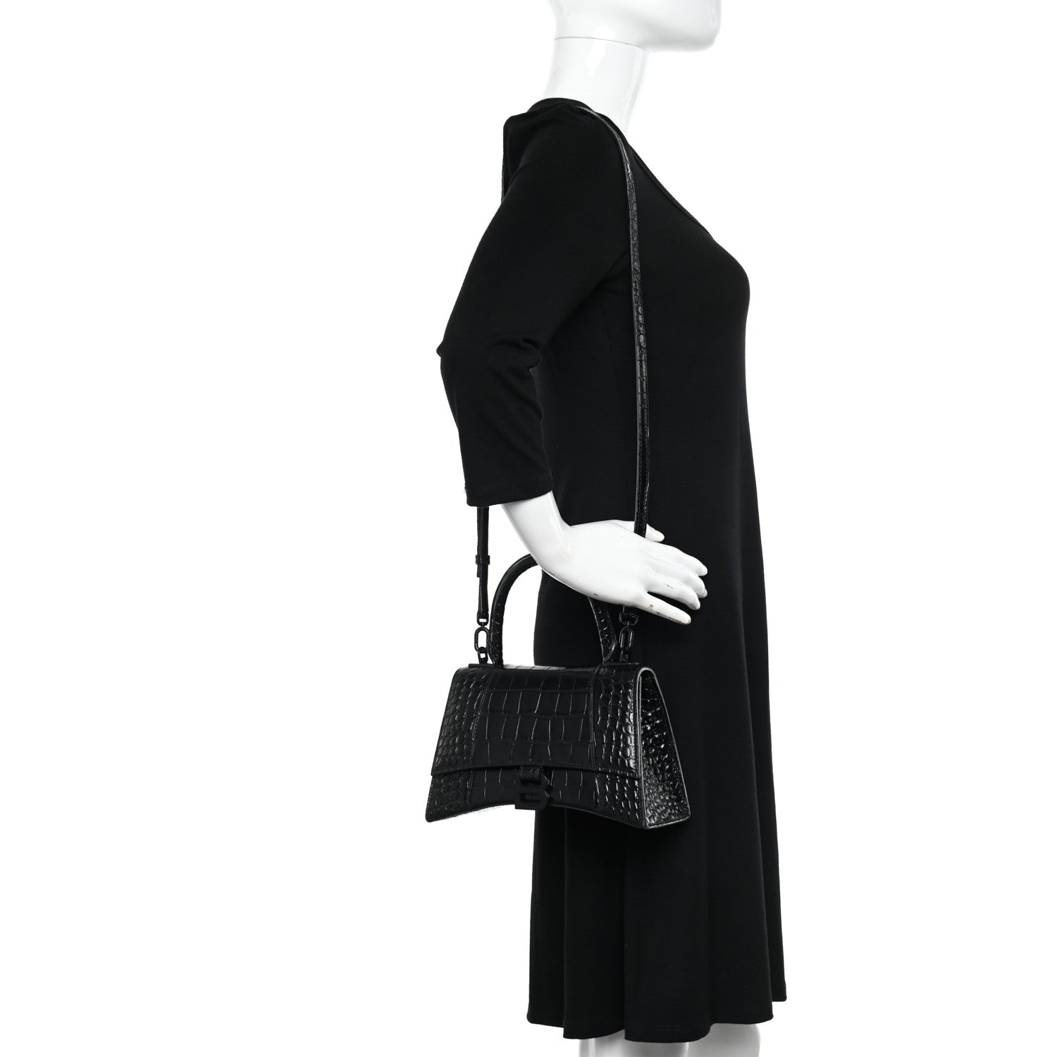 Balenciaga Shiny Calfskin Monochrome Crocodile Embossed Small Hourglass Top Handle Bag Black 2 of 15