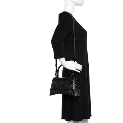 Balenciaga Shiny Calfskin Monochrome Crocodile Embossed Small Hourglass Top Handle Bag Black 2 of 15