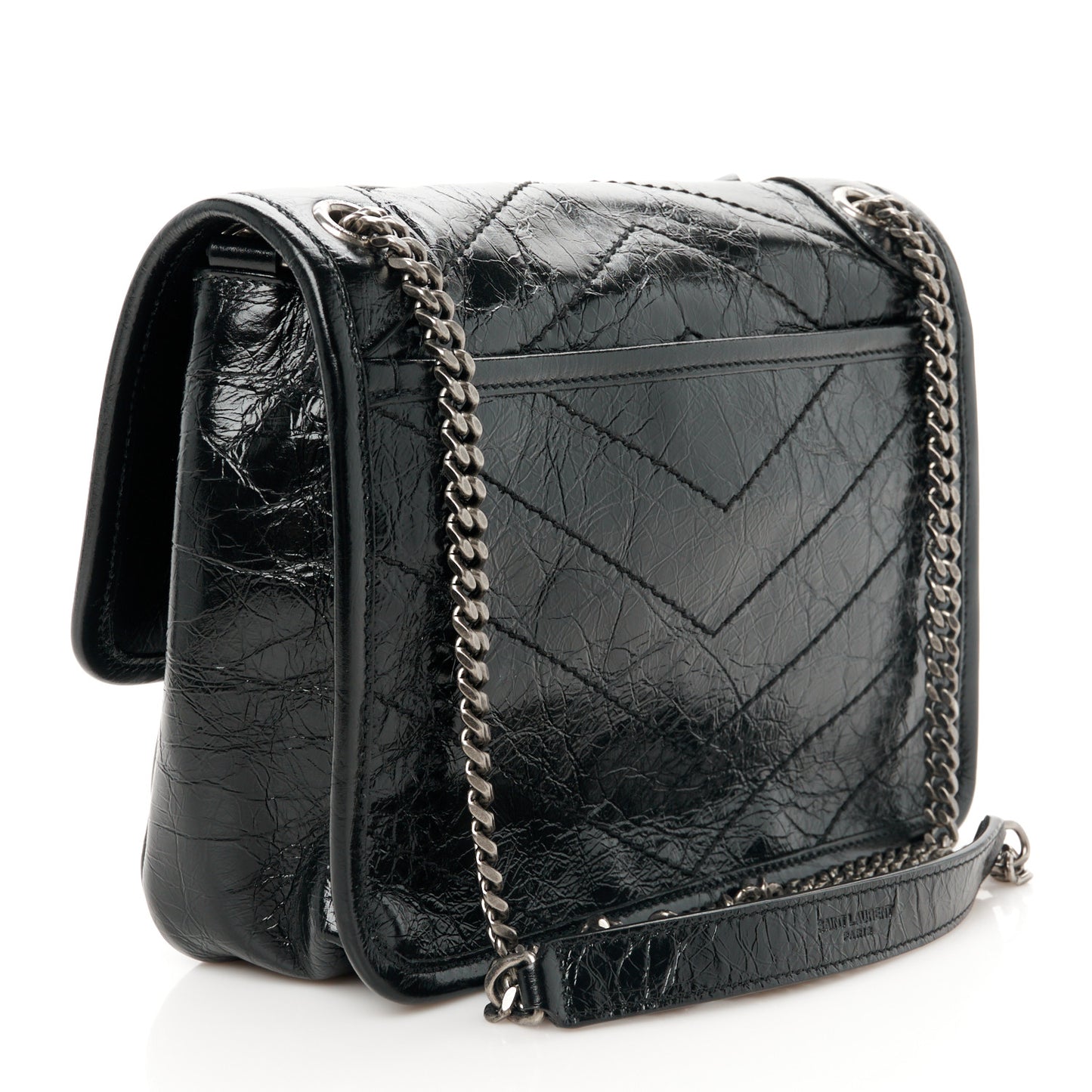 Crinkled Calfskin Matelasse Monogram Baby Niki Chain Satchel Black