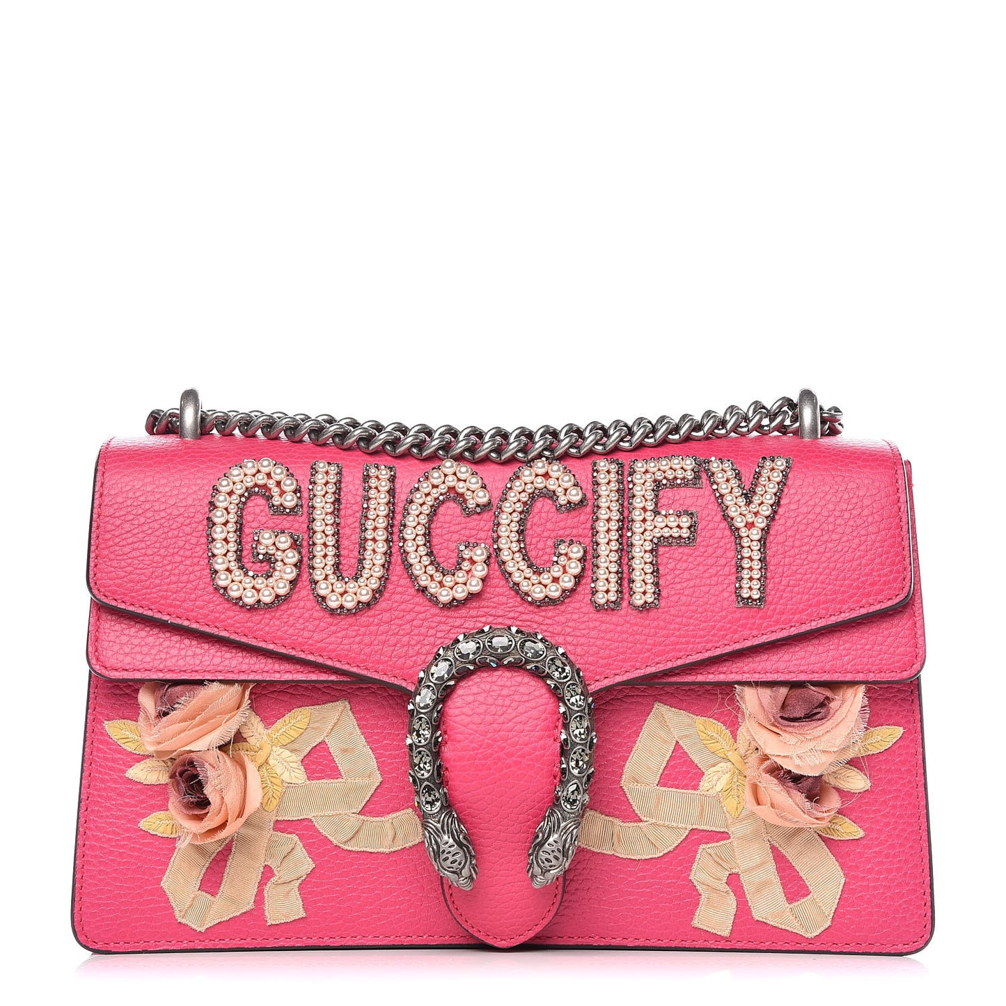 Pebbled Calfskin Embellished Guccify Small Dionysus Shoulder Bag Rosa