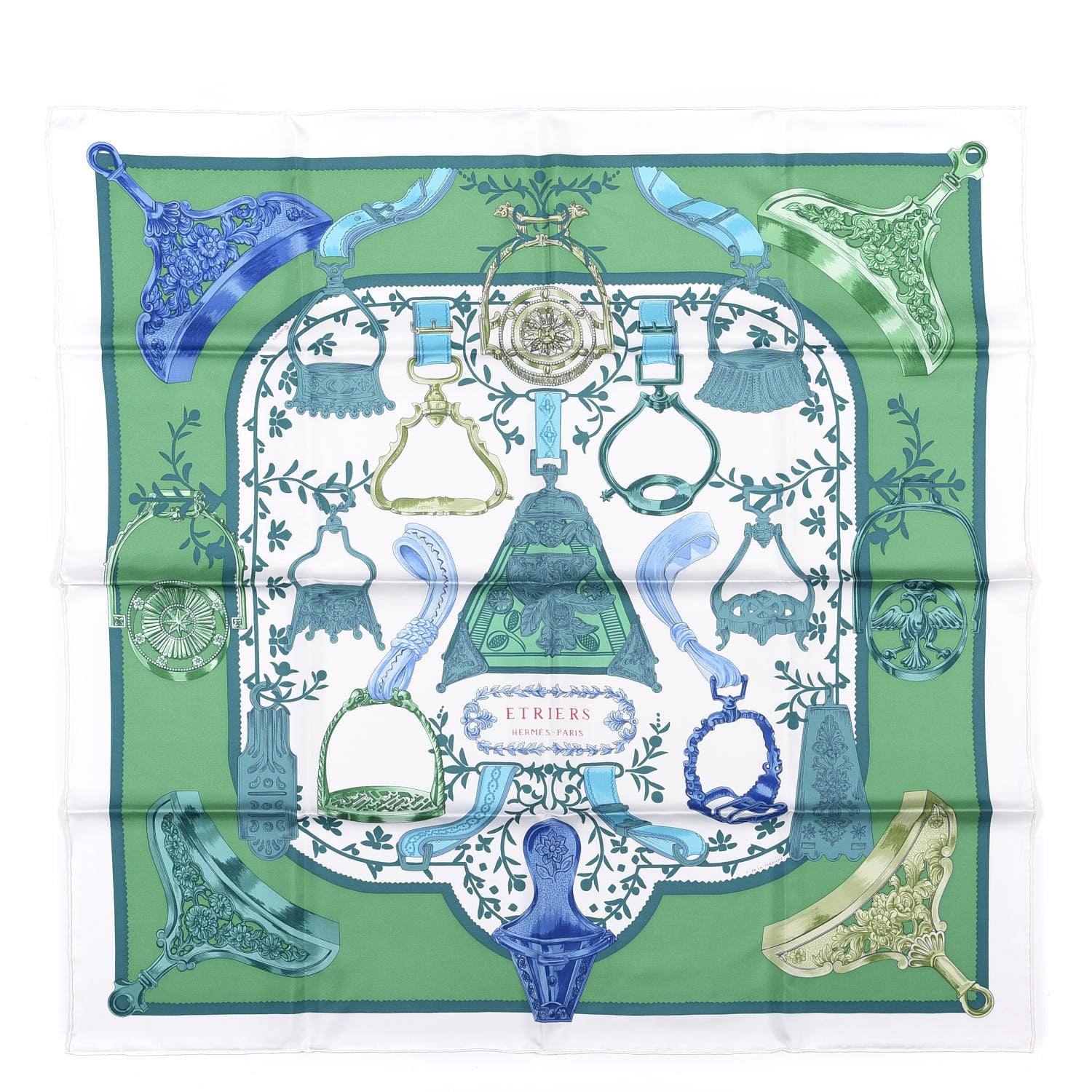 Hermes Silk Etriers Scarf 90 Vert White Turquoise 1 of 4