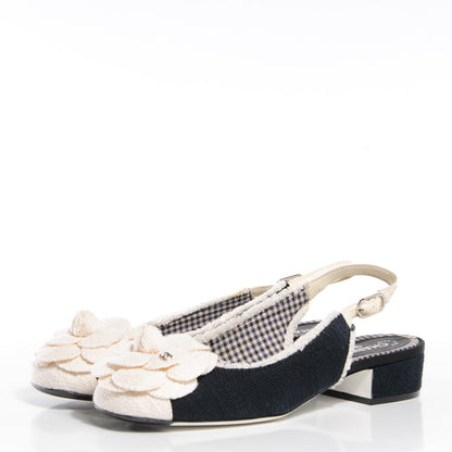Chanel Canvas Camellia Slingback Flats Black White 36.5 3 of 7