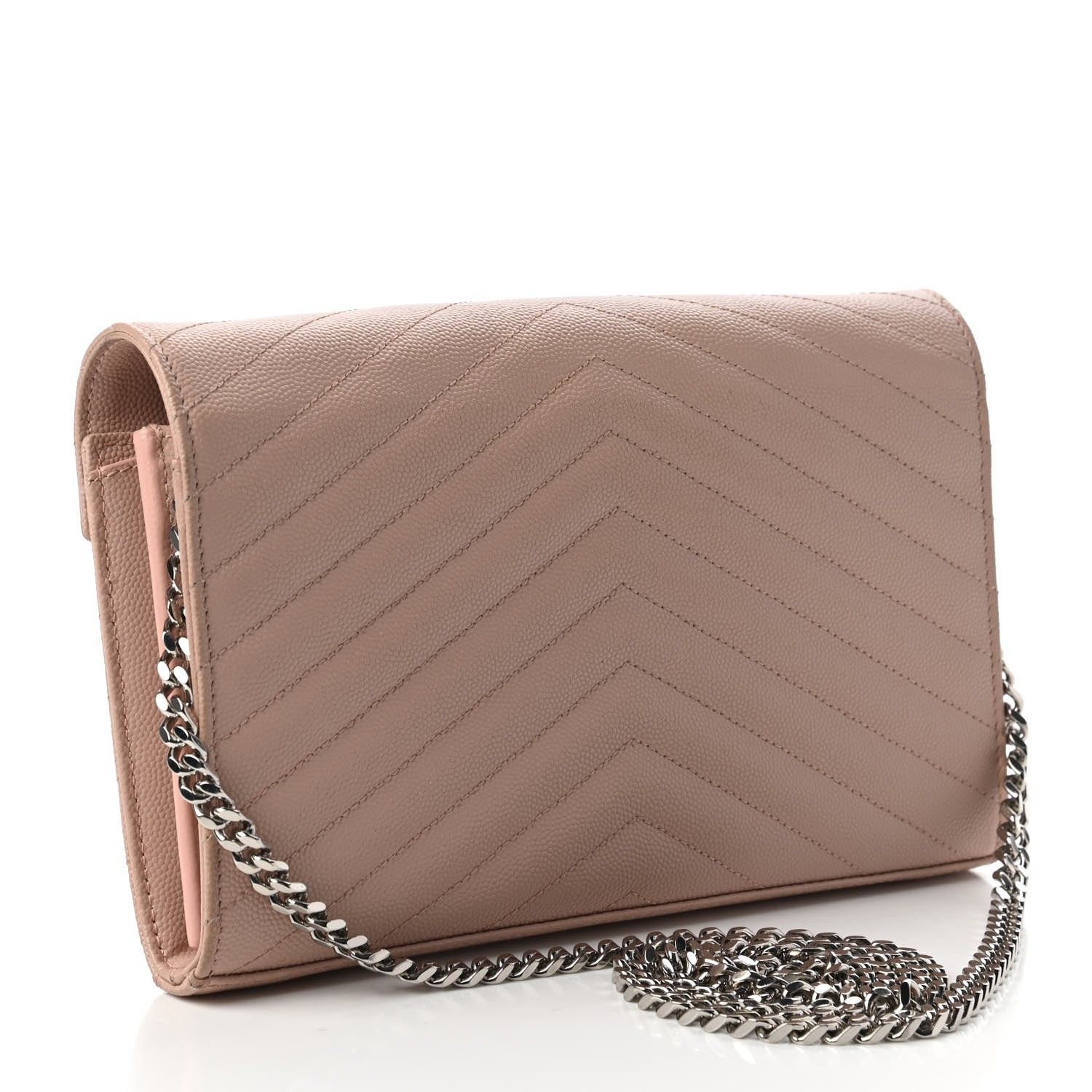 Saint Laurent Grain De Poudre Matelasse Chevron Monogram Chain Wallet Washed Light Pink 3 of 10