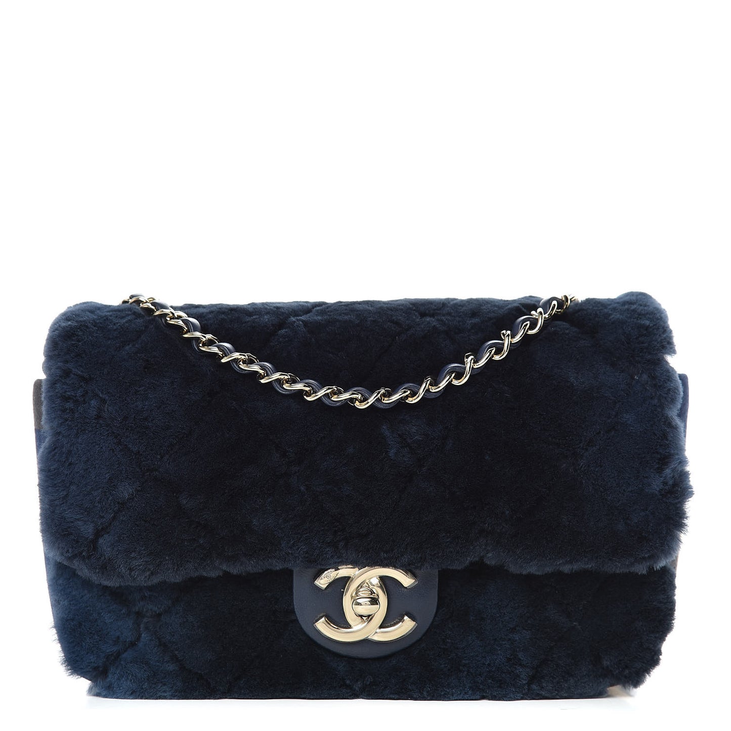 Orylag Rabbit Fur Quilted Small Single Flap Navy Blue