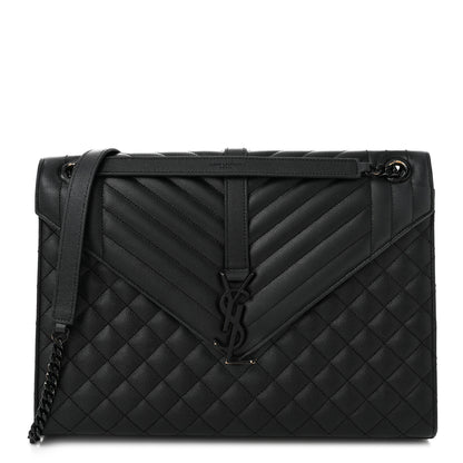 Saint Laurent Grain De Poudre Textured Mixed Matelasse Large Triquilt Monogram Monochrome Satchel Black 1 of 12