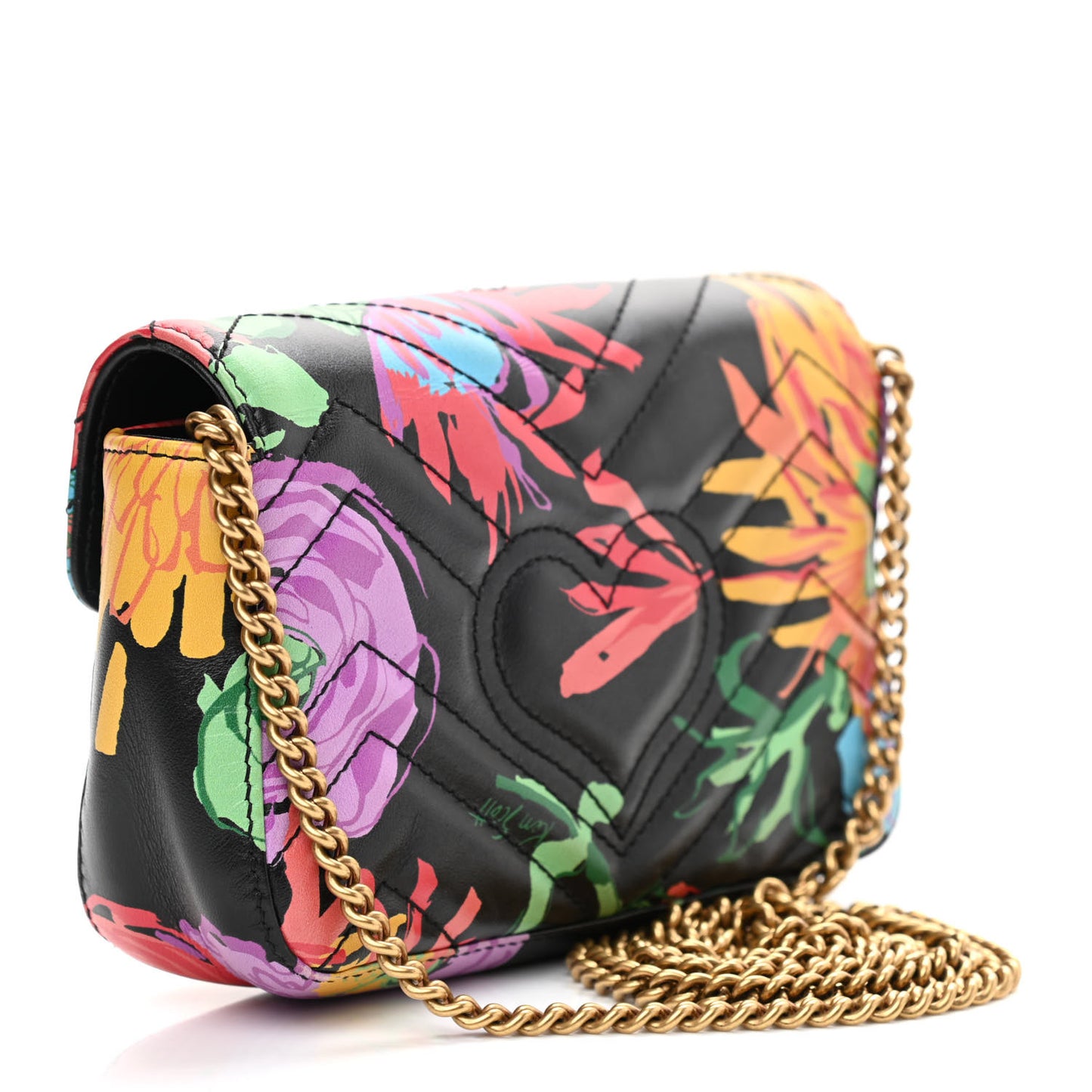 X KEN SCOTT Calfskin Matelasse Floral Print Super Mini GG Marmont Shoulder Bag Black