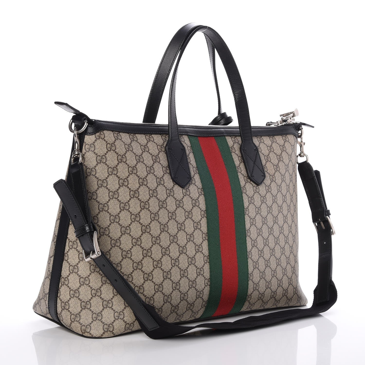 Gucci GG Supreme Monogram Web Medium Zippered Tote Beige Black 4 of 8