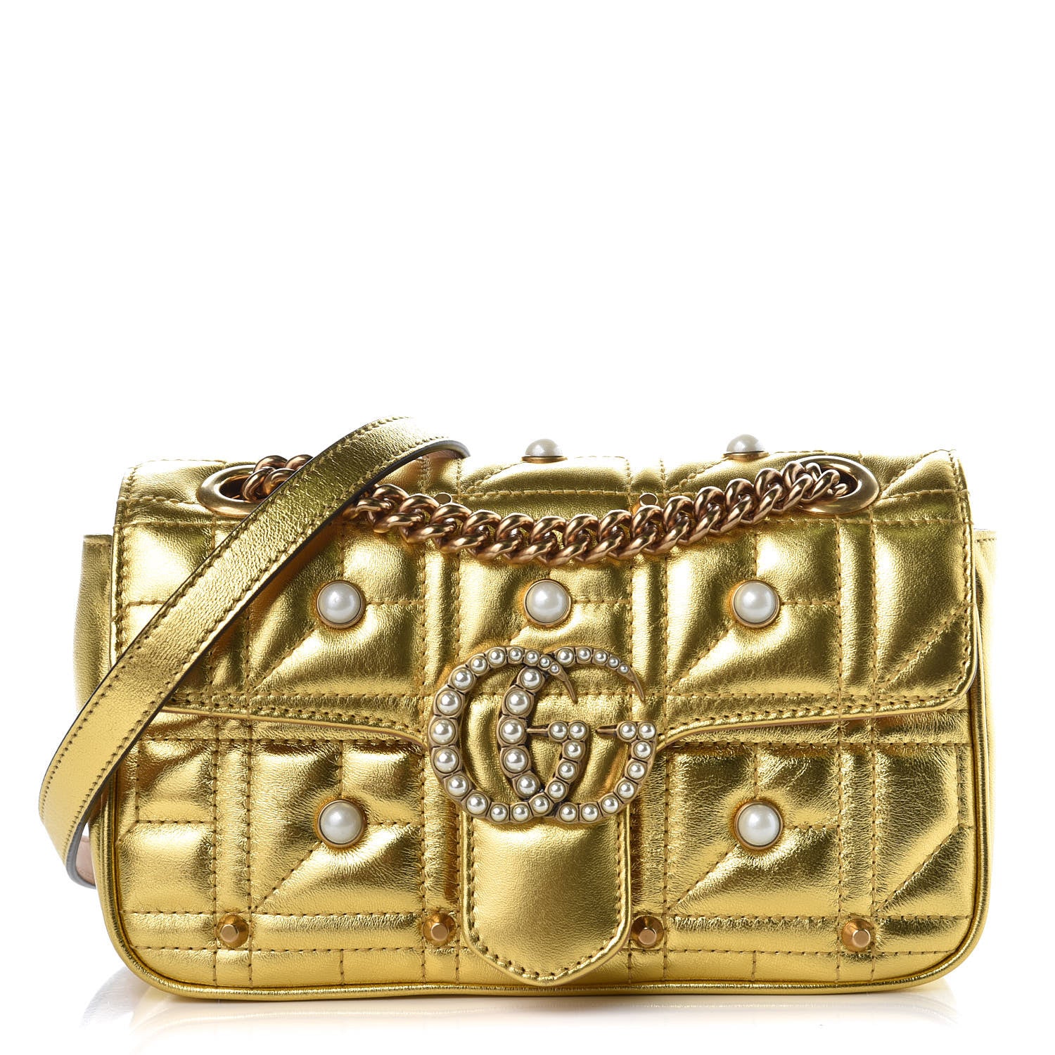 Gucci Metallic Calfskin Matelasse Studded Mini Pearly GG Marmont Shoulder Bag Gold 1 of 7