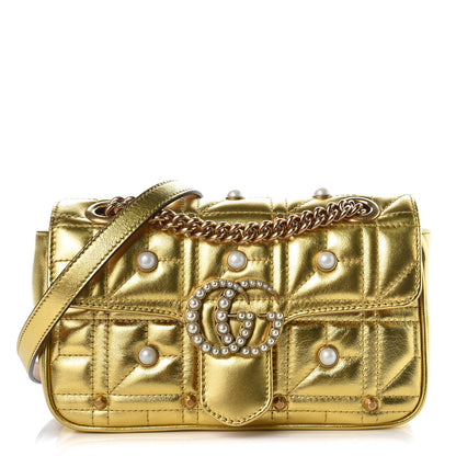 Gucci Metallic Calfskin Matelasse Studded Mini Pearly GG Marmont Shoulder Bag Gold 1 of 7