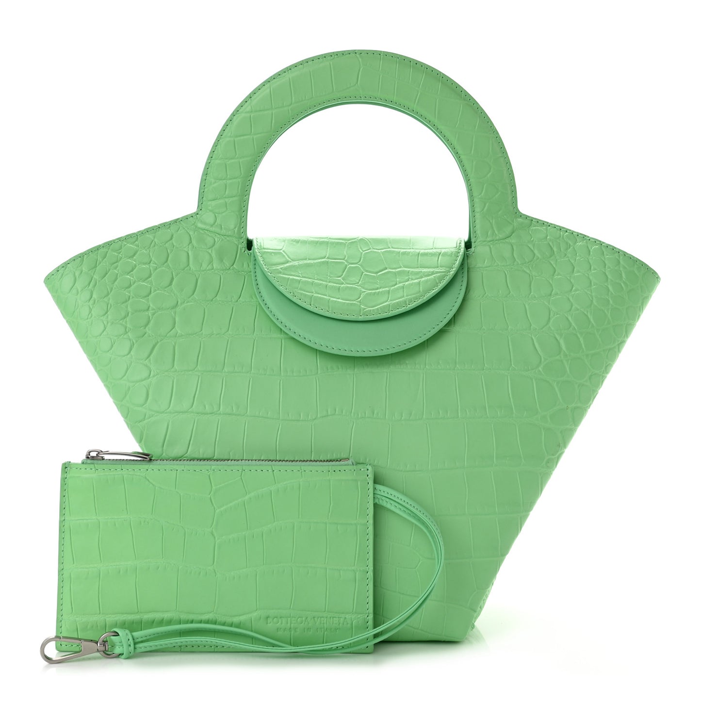 Calfskin Crocodile Embossed Ring Top Handle Tote Bag Green