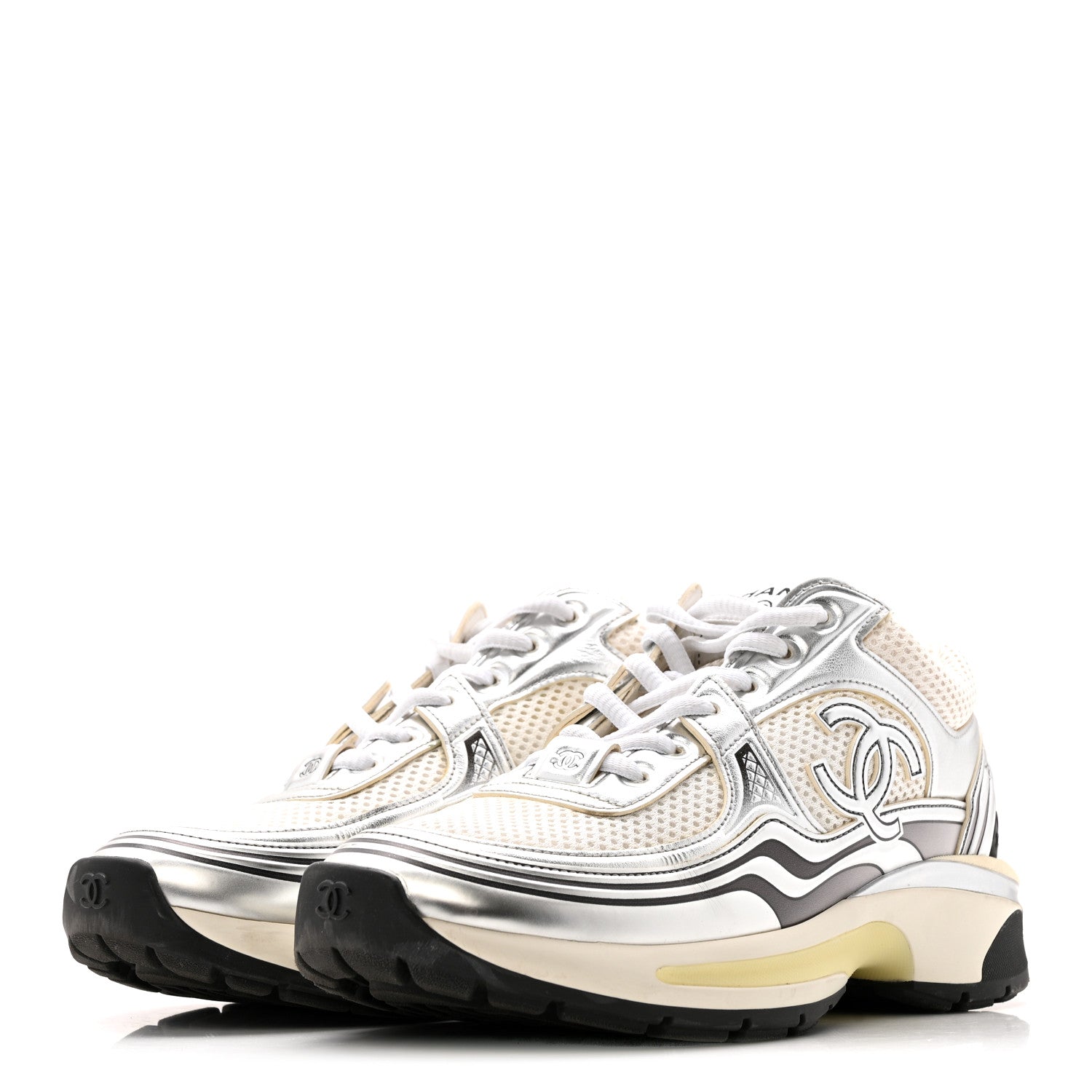 Chanel Fabric Laminated Calfskin Stretch CC Womens Sneakers 36 White Silver 4 of 12