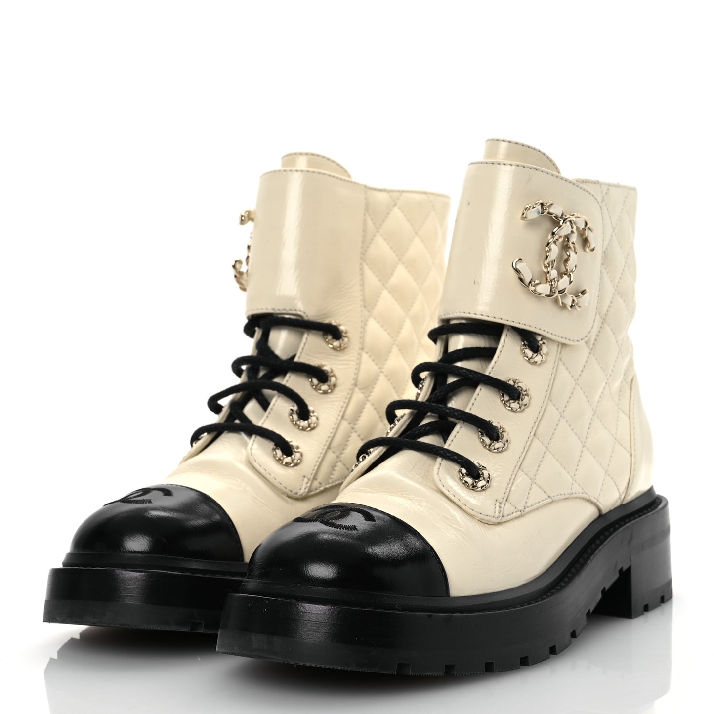 Shiny Goatskin Calfskin Quilted Lace Up Combat Boots 37 Black White
