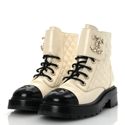 Chanel Shiny Goatskin Calfskin Quilted Lace Up Combat Boots 37 Black White 4 of 14