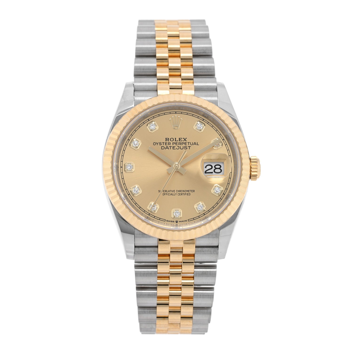 Rolex Stainless Steel 18K Yellow Gold Diamond 36mm Oyster Perpetual Datejust Watch Champagne 126233 1 of 5