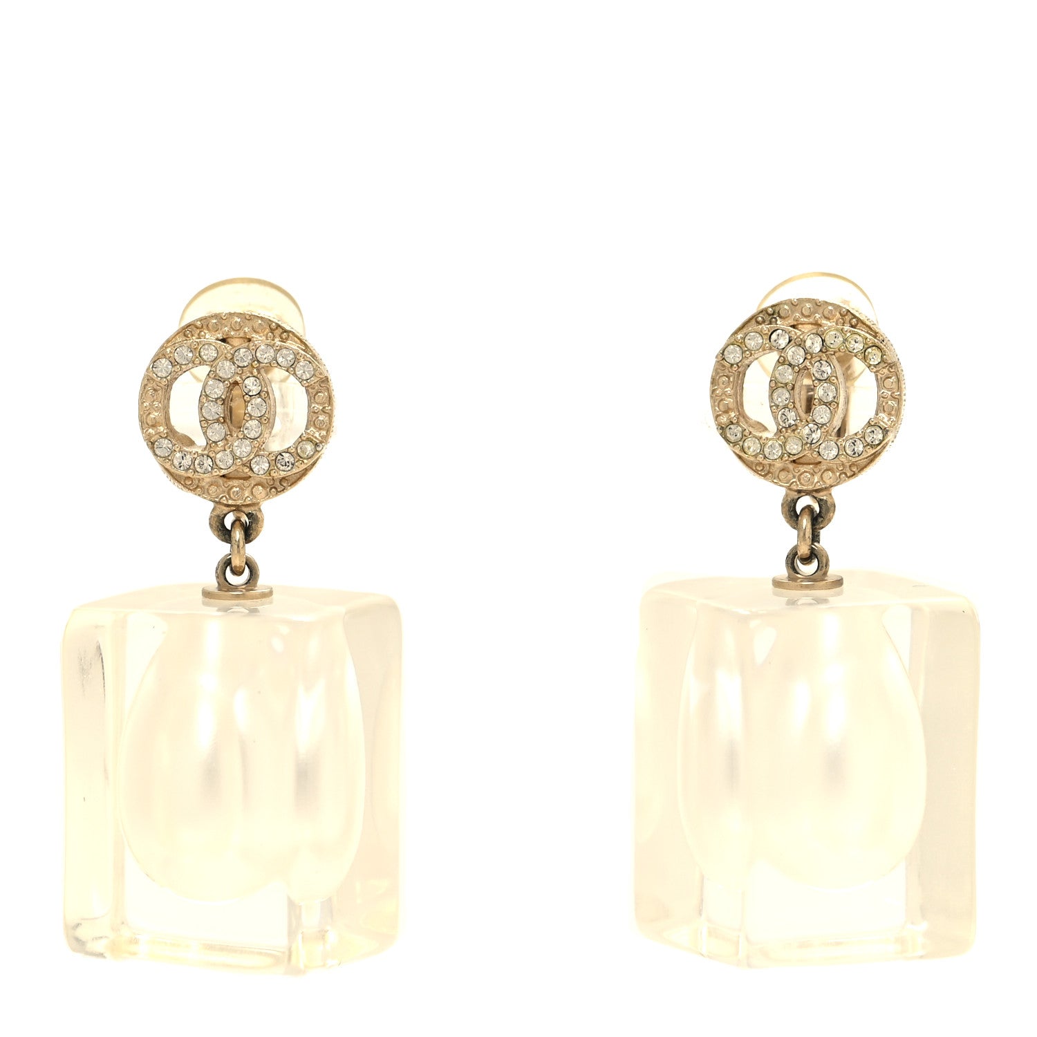 Chanel Crystal Lucite Pearl CC Drop Earrings Gold 1 of 4