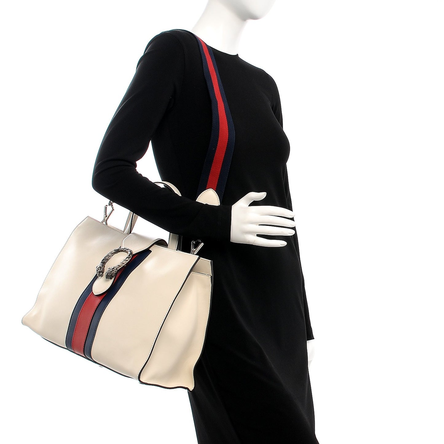 Calfskin Web Stripe Large Dionysus Tote Bag White