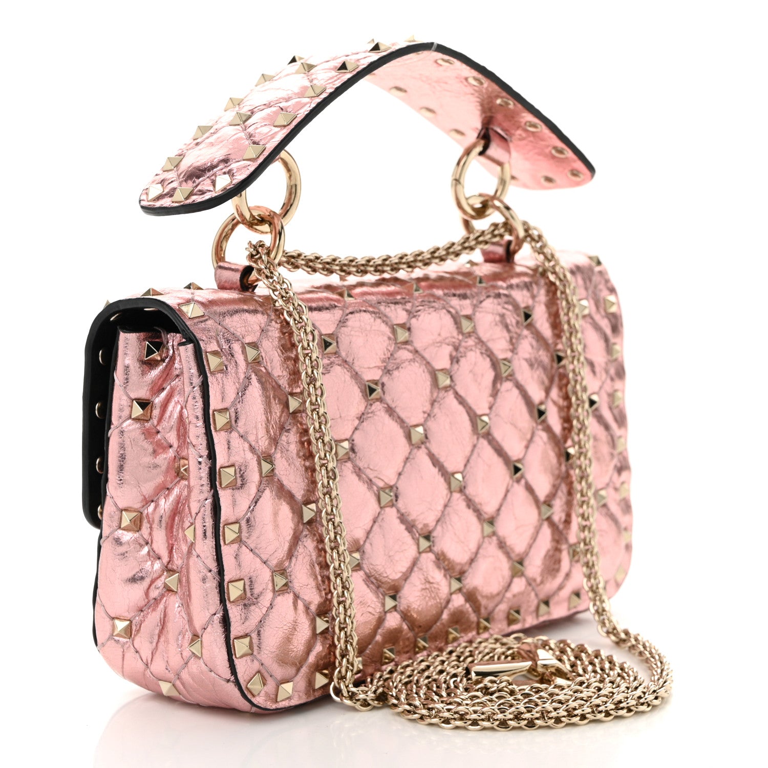 Valentino Garavani Metallic Wrinkled Lambskin Small Rockstud Spike Shoulder Bag Lipstick 3 of 9