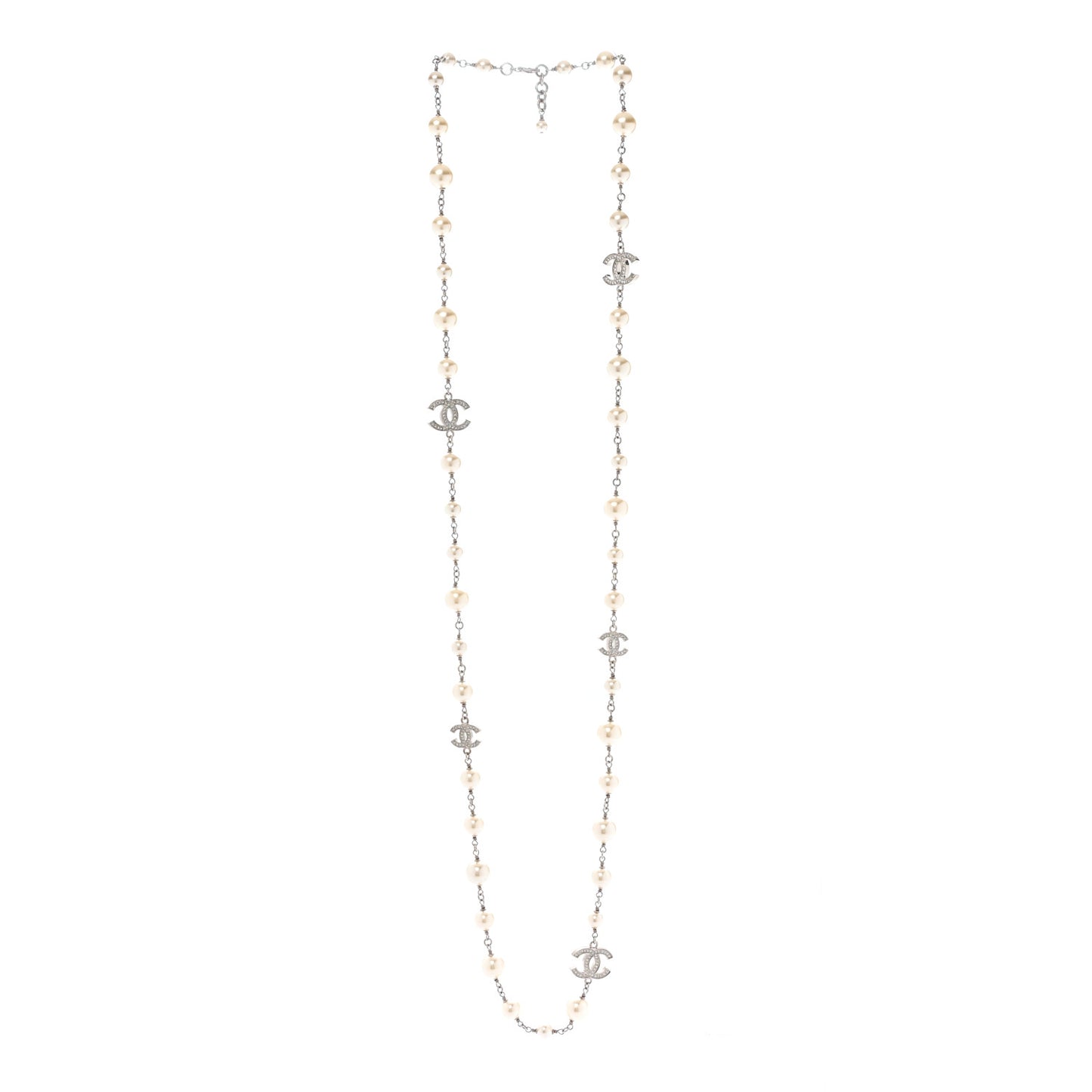 Crystal Pearl CC Long Necklace Silver