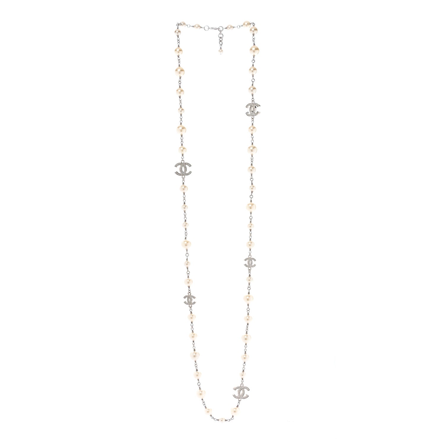 Chanel Crystal Pearl CC Long Necklace Silver 3 of 5