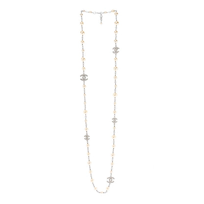 Chanel Crystal Pearl CC Long Necklace Silver 3 of 5