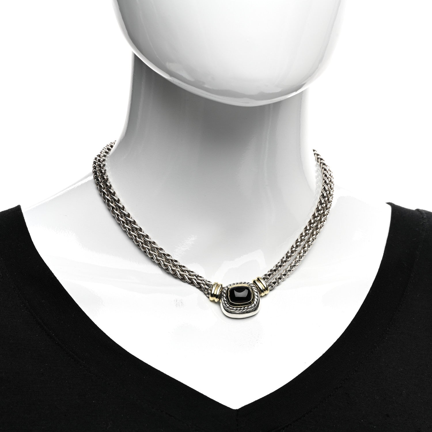 David Yurman Sterling Silver 14K Yellow Gold Black Onyx Double Wheat Chain Necklace 2 of 4