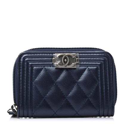 Chanel Metallic Caviar Quilted Boy Zip Around Coin Purse Wallet Navy 1 of 4