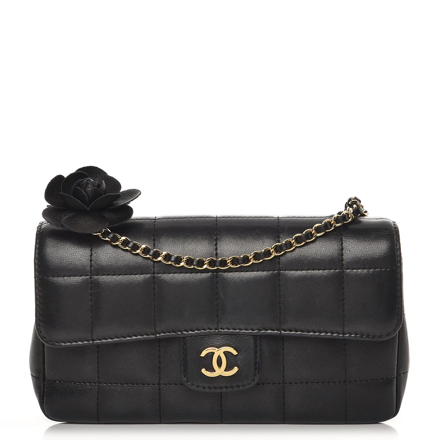 Lambskin Quilted Mini Chocolate Bar Camellia Flap Black