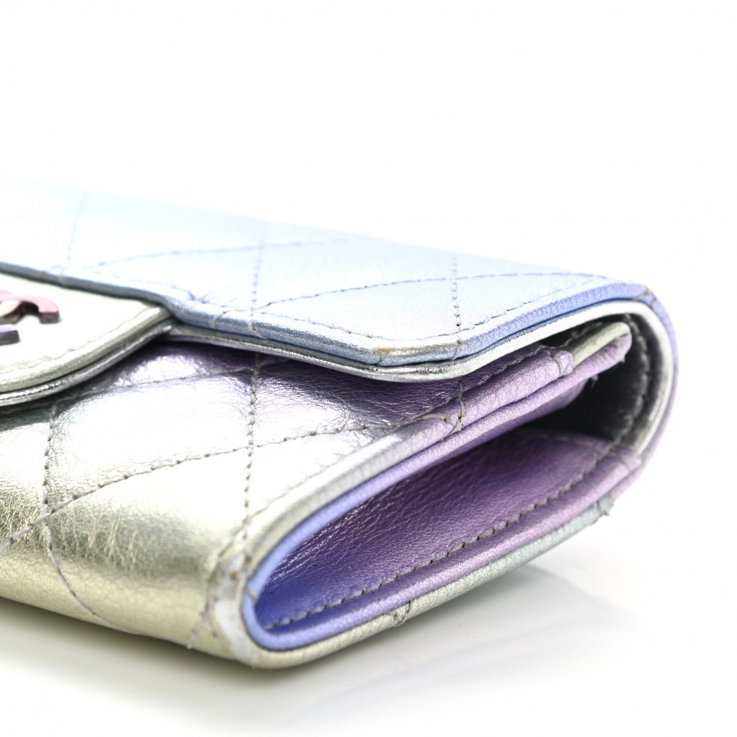 Chanel Gradient Metallic Calfskin Quilted Flap Card Holder Wallet Silver Blue Yellow Purple 9 of 11