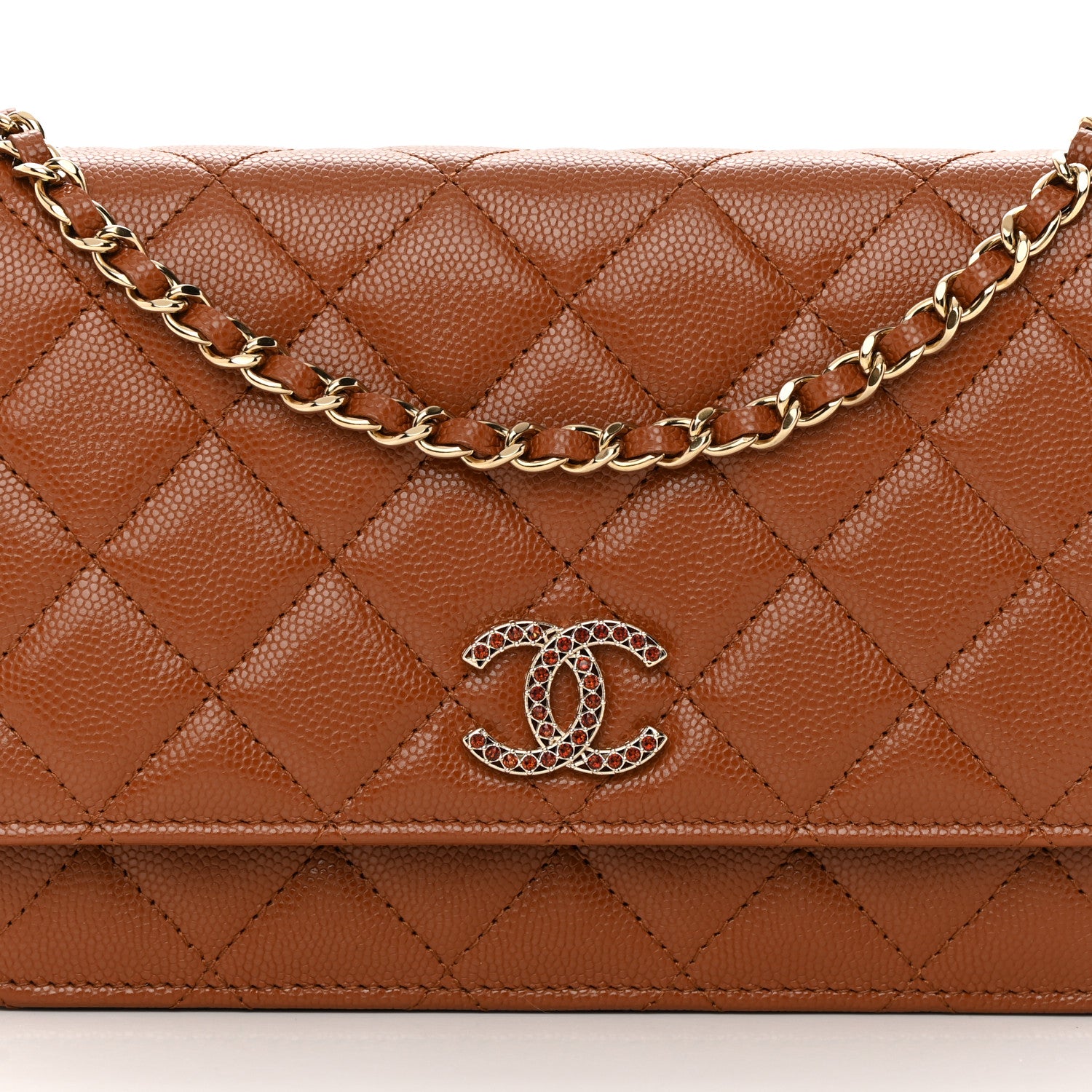 Chanel Shiny Caviar Quilted Strass Wallet On Chain WOC Light Brown 9 of 14