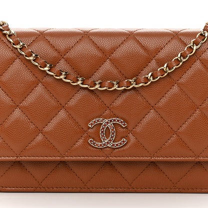Chanel Shiny Caviar Quilted Strass Wallet On Chain WOC Light Brown 9 of 14