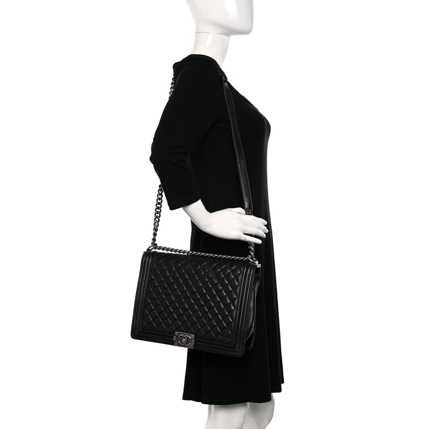 Calfskin Quilted Large Boy Flap Black