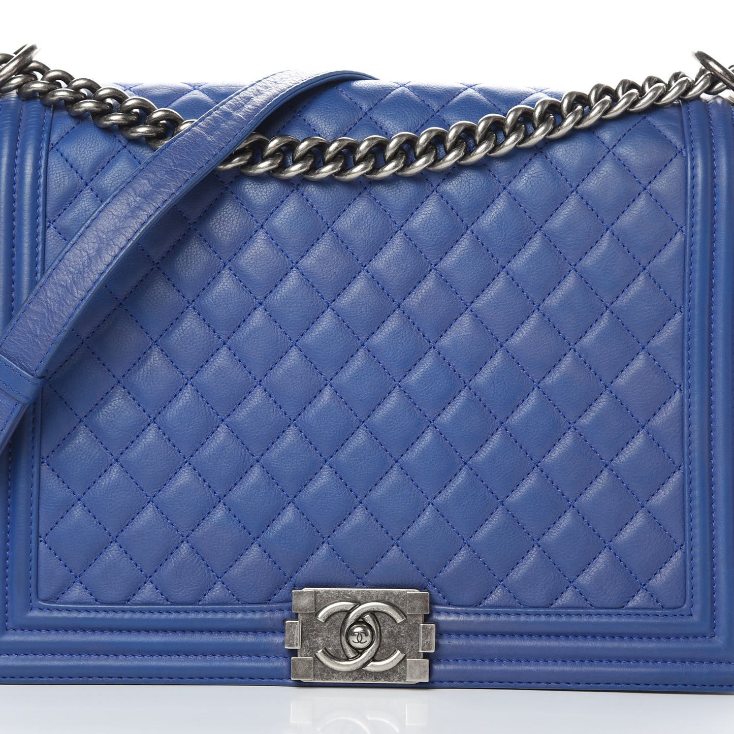 Grained Calfskin Quilted Large Boy Flap Blue