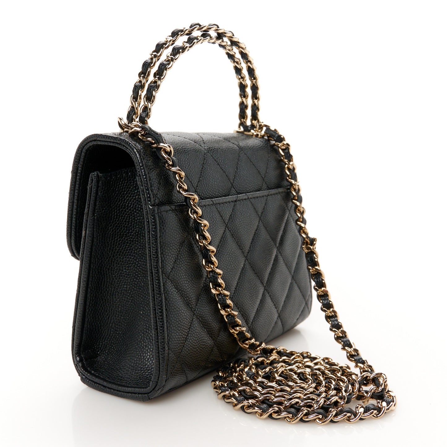 Caviar Quilted Double Chain Top Handle Flap With Chain Black